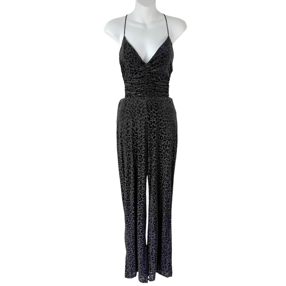 Strappy Cut-Out Velvet Jumpsuit Women S Black Wide Leg Leopard Chic Glam Sexy